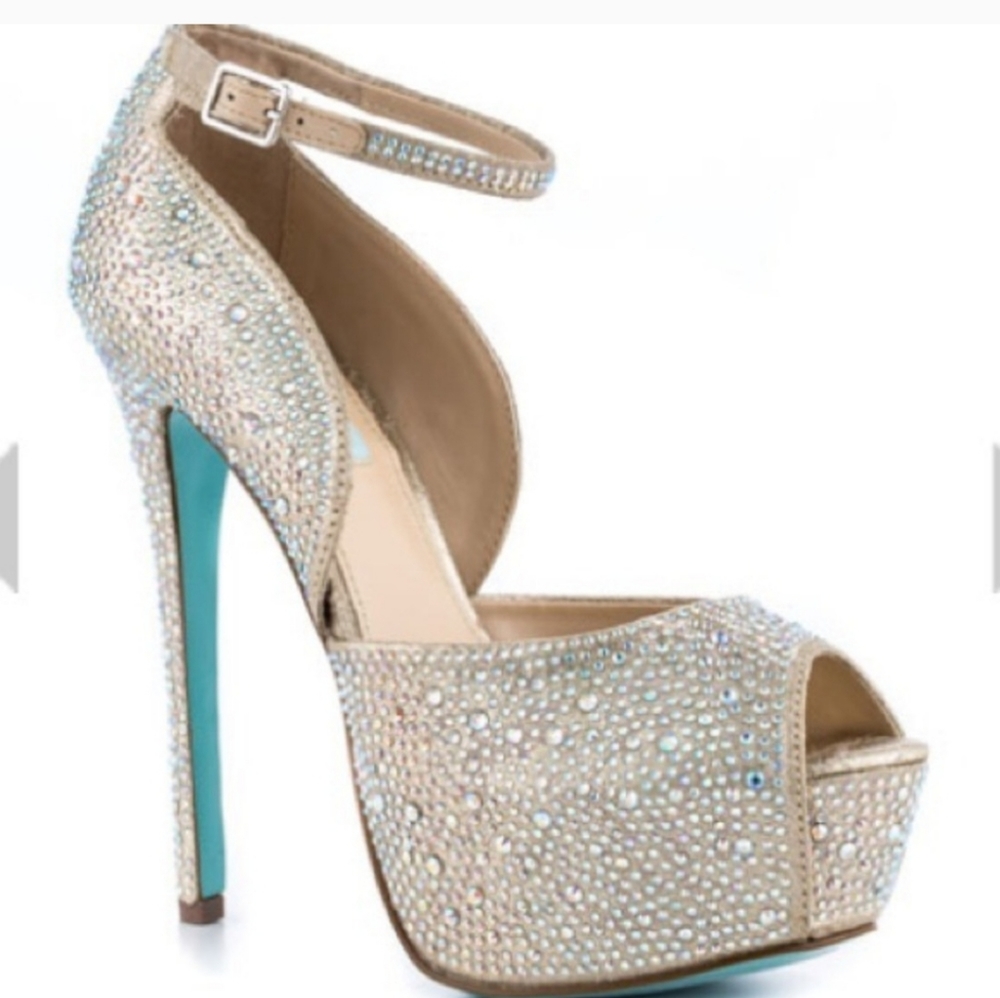 BETSEY JOHNSON Something Blue Kiss Glitter 6inch Platform Heels